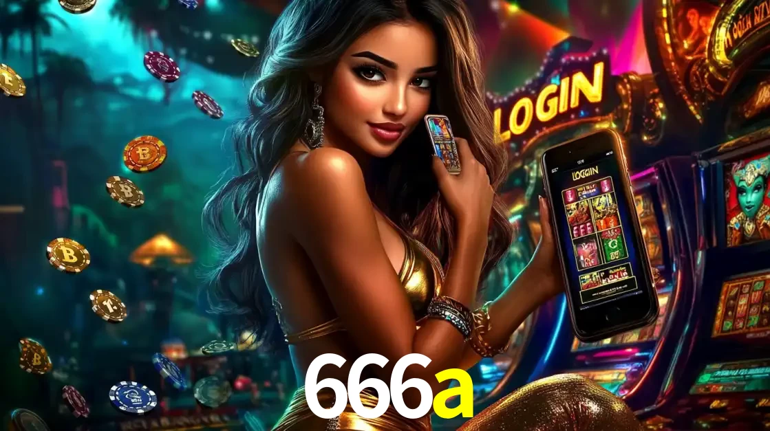 Mulher em um cenário de cassino temático de aventura, mostrando o app de caça-níqueis da 666a no celular. Fichas de apostas flutuam ao redor.