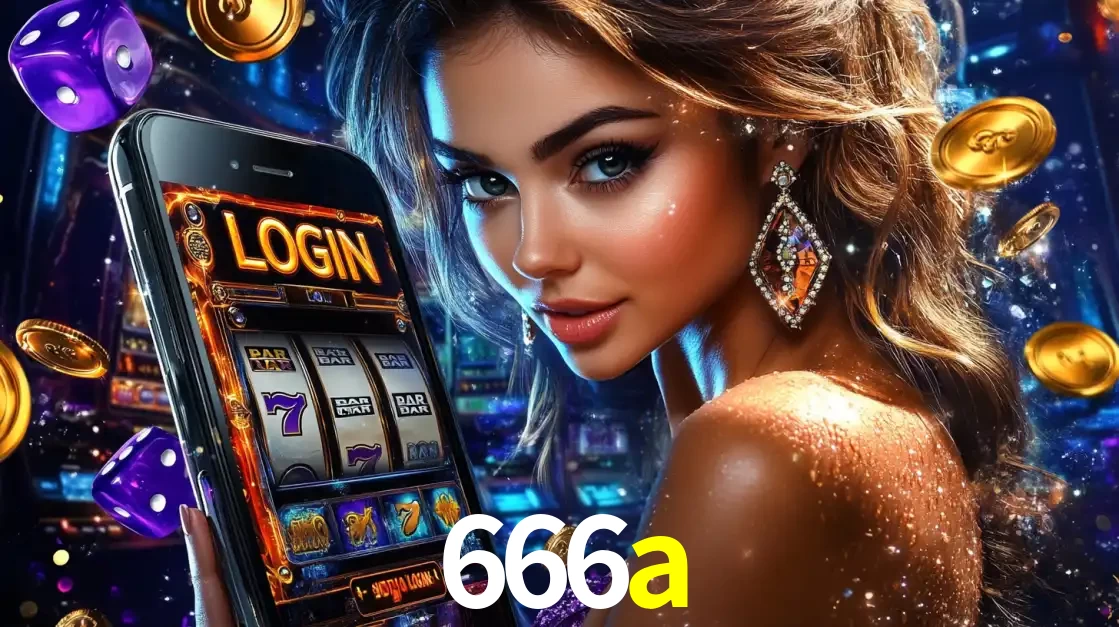 Mulher glamorosa segurando um smartphone com a tela de login para os jogos de caça-níqueis do cassino online 666a, com moedas de ouro e dados ao redor.